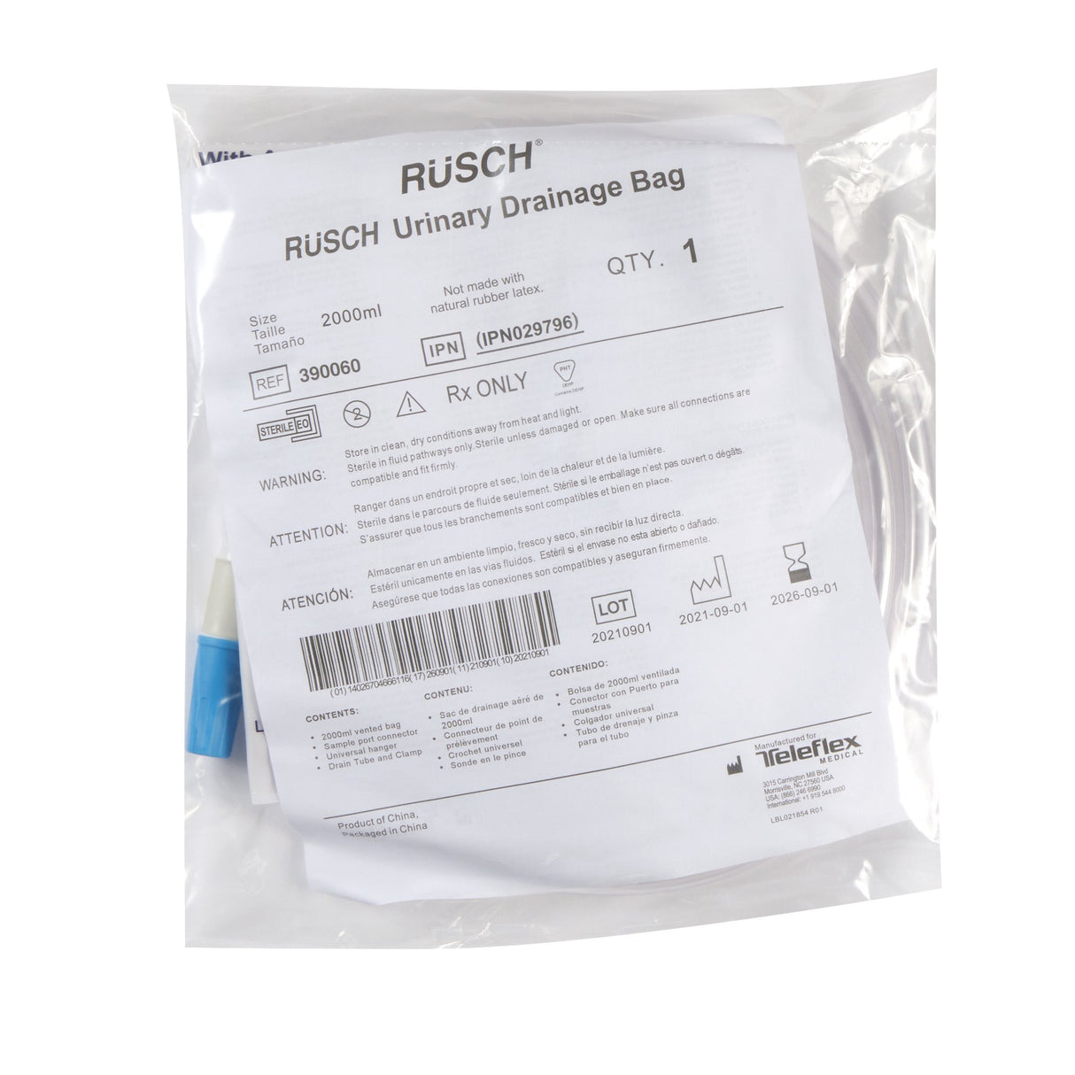 Image of Rusch Economy Urinary Drainage Bag with Anti-Reflux Valve, 2000 mL, Sterile
