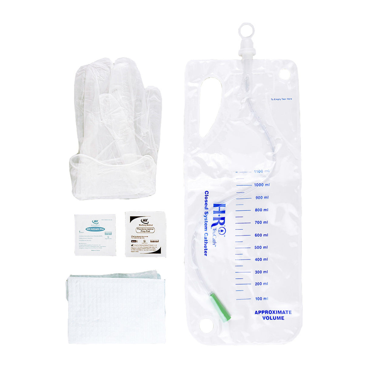 Image of TruCath Closed System Catheter Kit, 16FR. Contains vinyl powder free gloves, underpad, PVP and BZK wipes, 1200ml drainage bag.