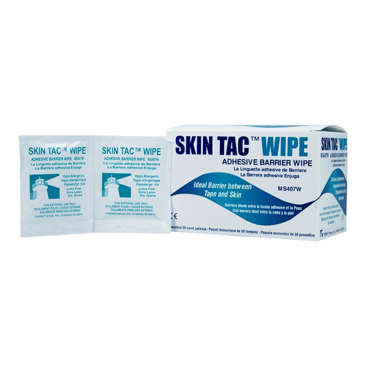 Torbot Skin Tac Adhesive Barrier Prep Wipes 407W latex-free hypoallergenic wipes for medical use.
